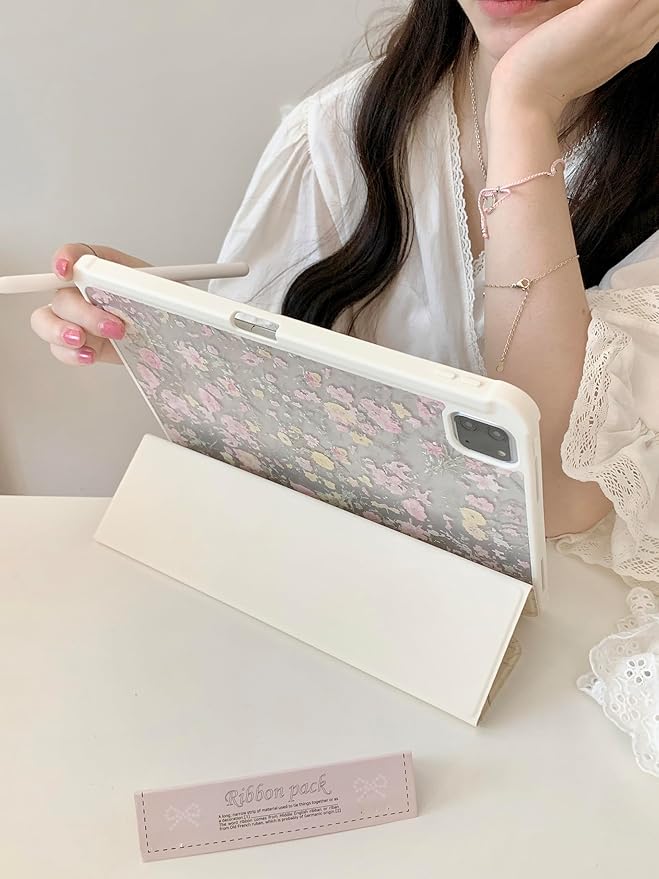 Adjustable Stand Hard PU Clear Back Folio Case for Apple Flowers Floral Pattern Refreshing Classic Vintage Pretty Chic Cute Lovely Girls Women (for iPad Air M4 13-Inch 8th Generation 2026)
