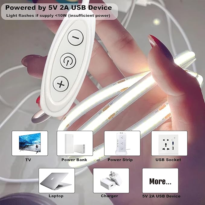 5V COB LED Strip Lights USB Powered Dimmable 6500K White CRI93+ 6 ft Dotless LED Tape Light with Dimmer, Flexible Cuttable COB Strips for Sewing Machine 3D Printer Desk TV DIY Cabinet Lighting