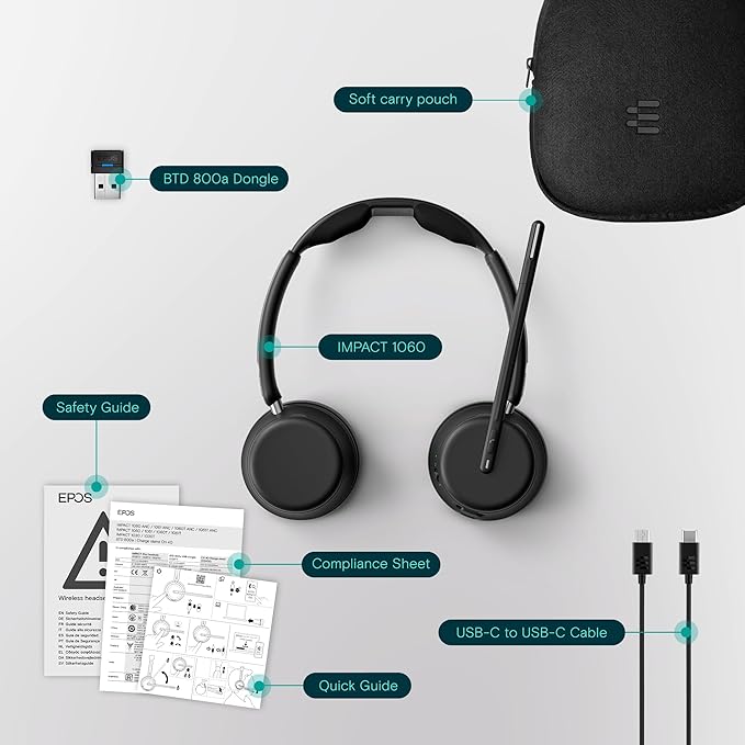 EPOS IMPACT 1060 Double-Sided Wireless Office Headset With Microphone, EPOS AI Noise Cancellation, Super Wideband Audio, Bluetooth, Comfortable Fit, Perfect For Clear Calls In Busy Workspaces