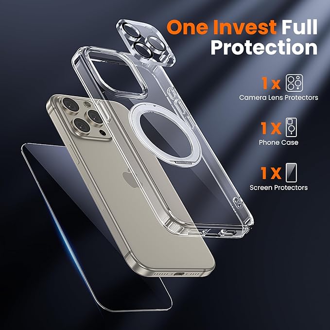 toushion 3 in 1 for iPhone 15 Pro Max Case Stand |Build in Kickstand,Screen Protector *1 & Camera Lens Protector*1, Not Yellowing, Fits MagSafe, Military-Grade Protection