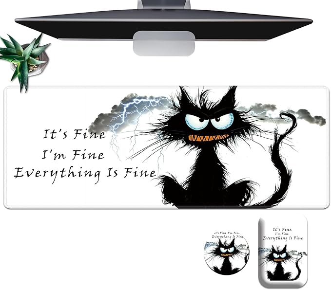 Large Mouse Pad Set, Desk Mat + Elbow Rest Pad + Coaster, Easy Typing Pain Relief, Ergonomic Arm Rest Pad with Memory Foam, Extended Desk Pad Anti-Slip Rubber Base for Office Home, Funny Black Cat