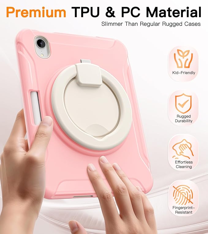 BATYUE Shockproof Case for iPad mini 7 (A17 Pro)/ Mini 6 8.3 inch (2024/2021) - 360° Multi-Angle Stand (Portrait & Landscape) & Grip, Built-in Pencil Holder, Pink