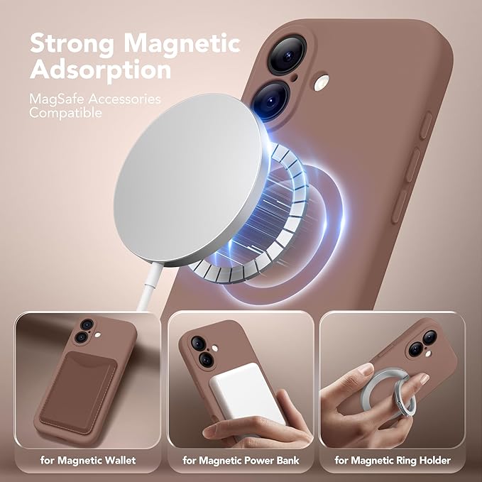 Magnetic for iPhone 17 Case, Compatible with MagSafe, [Full Camera Protection][Screen Protector] Silicone Shockproof Protective Phone Case for iPhone 17 6.3", Brown