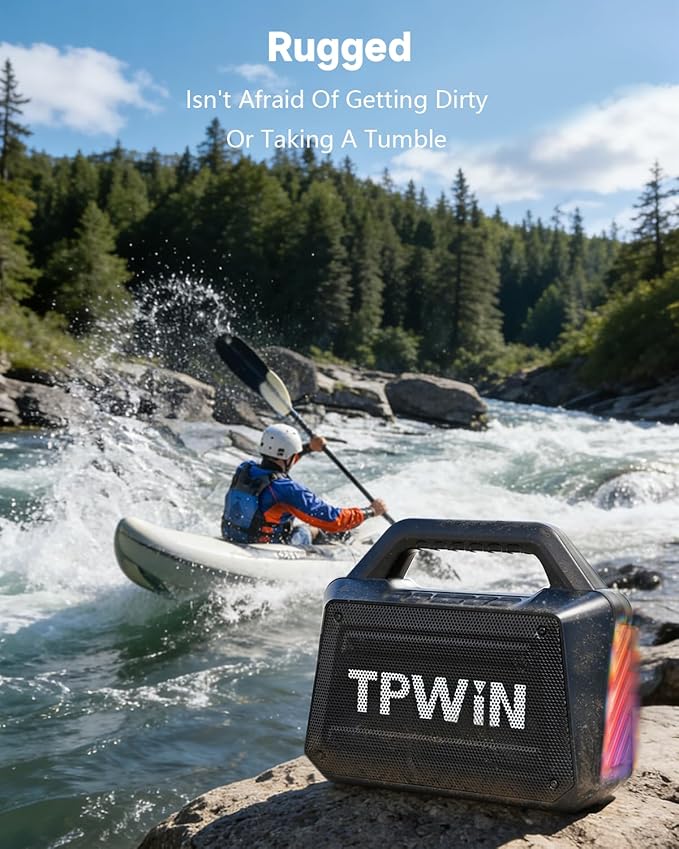 Bluetooth Speaker - 80W Loud Rugged Outdoor Speakers, IPX6 Waterproof, 20H Playtime, Deep Bass, Lightshow, TWS, BT 5.3 Wireless, Portable for Travel Hiking Camping Beach Pool - Black