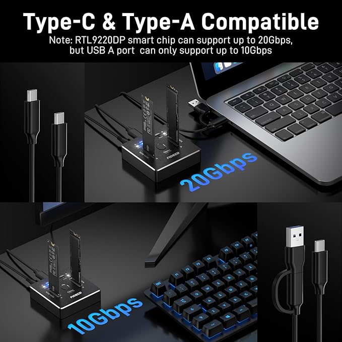 FIDECO M.2 NVMe SATA SSD Cloner Dock, USB 3.2 Gen 2 X 2, 20Gbps Dual NVMe SATA SSD Enclosure, M.2 Duplicator Cloner, Support Offline Clone, UASP and Trim, Aluminum Design