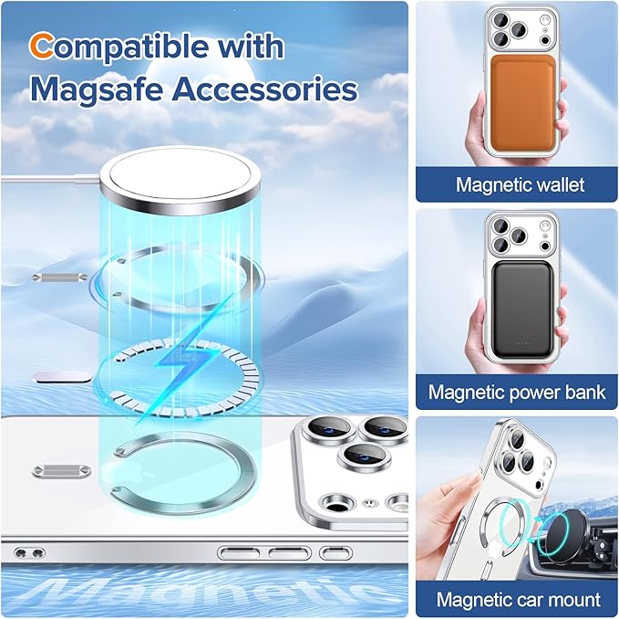 Hython Magnetic Clear for iPhone 17 Pro Case with Camera Lens Protector [Compatible with MagSafe] Luxury Plating Edge Slim Soft TPU Cover Protective Phone Case for iPhone 17 Pro 6.3", Silver