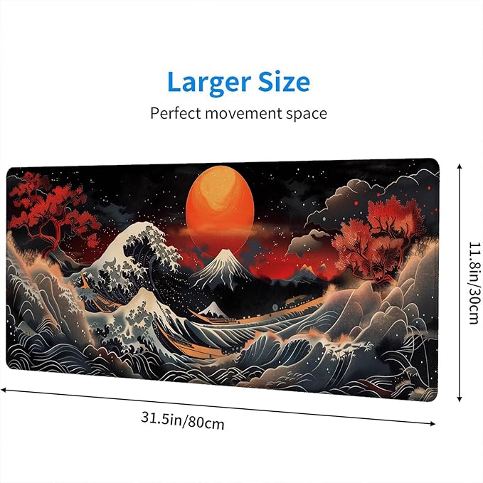 Japanese Waves Gaming Mouse Pad Watercolor Waves Mousepad XL Large Gaming Mouse Pad Laptop Keyboard Mat Desk Pad 31.5"x11.8" Office Home Decor for Women Girl
