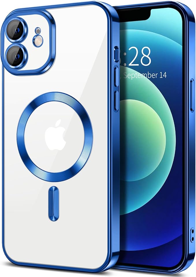 Hython Magnetic Clear for iPhone 12 Case with Camera Lens Protector [Compatible with MagSafe] Luxury Plating Edge Slim Soft TPU Cover Protective Phone Case for iPhone 12 6.1", Deep Blue