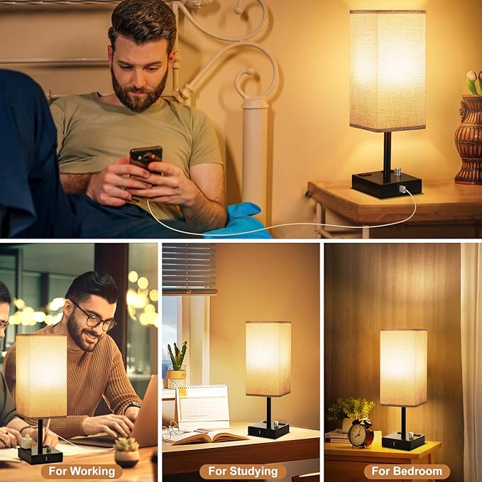 aooshine Gray Fully Dimmable Nightstand Lamps Set of 2 - Table Bedside Lamp with USB C+A Charging Ports & 2 AC Outlets, Square Lamp Sets Linen Fabric Shade for Bedroom Living Room(Bulb Included)