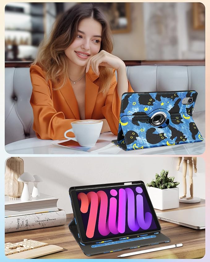 Kidcube for iPad mini 7 Case A17 Pro 2024, for iPad mini 6th Generation Case 8.3 Inch - Women Girls Cute Rotating Stand Folio Cover with Pencil Holder & Card Slot Girly Cat Stars Blue Teen Cover