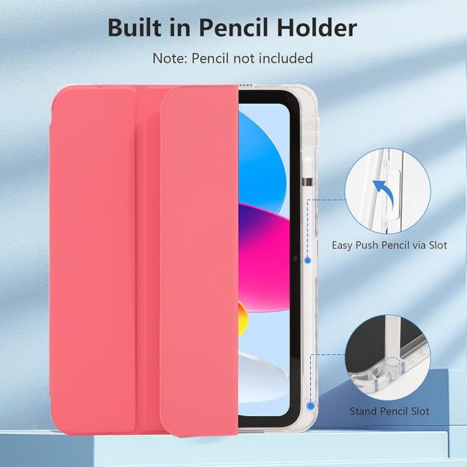 Case for iPad A16 11th Generation 11" 2025, iPad 10th Generation 10.9 Inch 2022, Hybrid Protective Cover with Pencil Holder, Clear Transparent Back Shell Anti-Yellowing Case, Watermelon Red