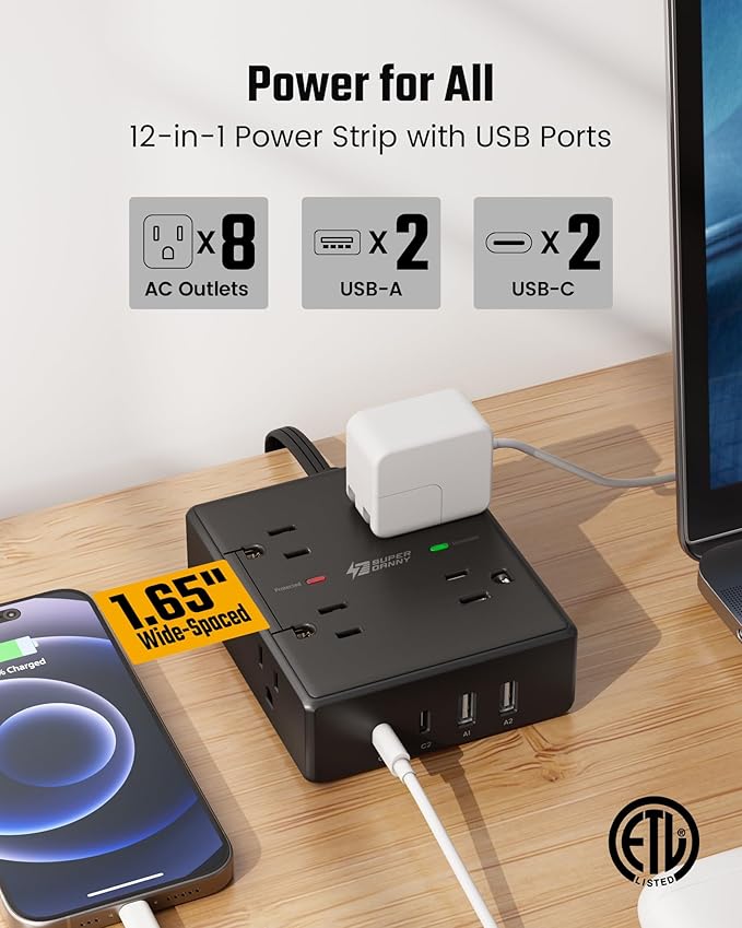 20Ft Long Extension Cord, Flat Plug Power Strip Surge Protector, 8 Outlet 4 USB Ports (2 USB C), Wall Mountable, Desk Charging Station for Home Office, College Dorm Room Essentials (Black)