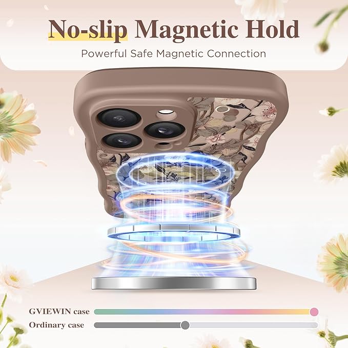GVIEWIN for iPhone 14 Pro Case Compatible with MagSafe [Curly Wave Edge][Full Camera Protection] Floral Translucent Shockproof Magnetic Women Phone Case for 14 Pro, Apricot Blossom/Brown