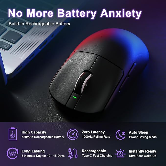 R1 SE+ Gaming Mouse, 18000 DPI, High-Precision PAW3395 SE Sensor,55g Lightweight, Tri-Mode 2.4G/BT5.0/USB-C Wireless Mouse, Programmable Ergonomic Mouse Suitable for Laptops/PC/Mac (Black)