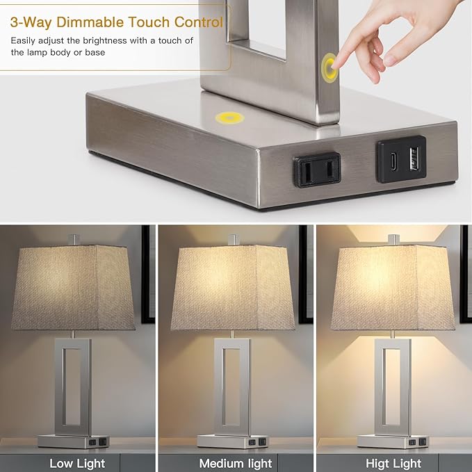 Cinkeda Touch Control Table Lamp Set of 2, Modern Silver Bedside Lamps with USB C+A Ports & AC Outlet, 3 Way Dimmable Bedroom Lamps for Night Stands Bedroom Living Room,Nightstand Lamp