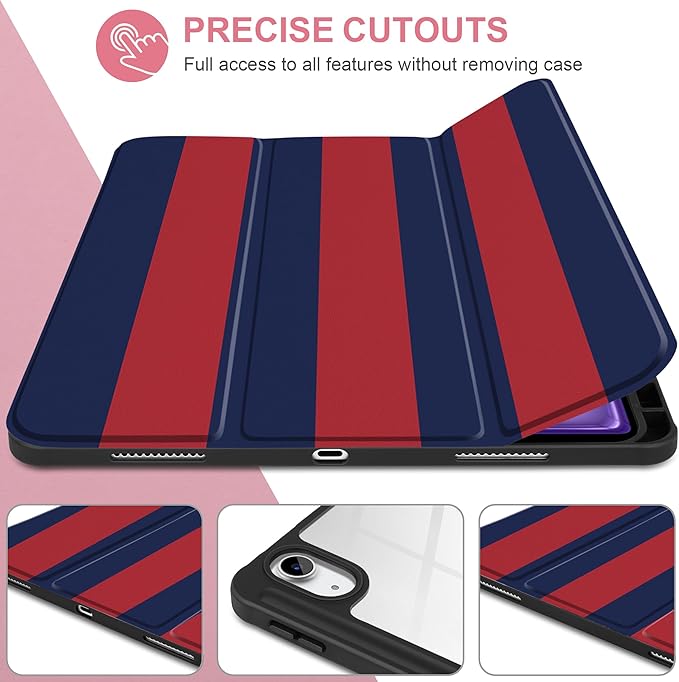 Case for iPad Air 13 inch M4 2026 M3 2025 M2 2024 Release with Pencil Holder Clear Back Shell Lightweight Shockproof TPU Edge Trifold Stand Auto Wake Sleep Cute Cover, Red Blue Stripes