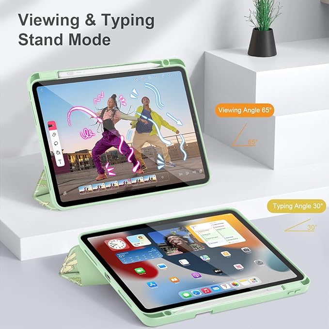 Tuiklol for iPad Pro 11 Inch 4th / 3rd / 2nd / 1st Gen (2022 2021 2020 2018) Case -Built-in Pencil Holder Shockproof Cover Clear Transparent Back Shell with Auto Wake/Sleep, Bow & Rose Green
