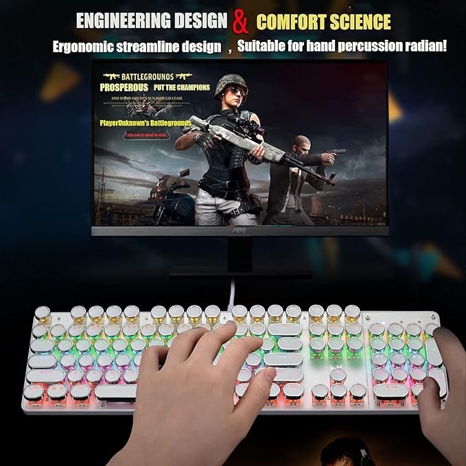YSCP Typewriter Style Mechanical Gaming Keyboard Rainbow Backlit Wired with Blue Switch Retro Round Keycap 104 Keys Keyboard (L-White)