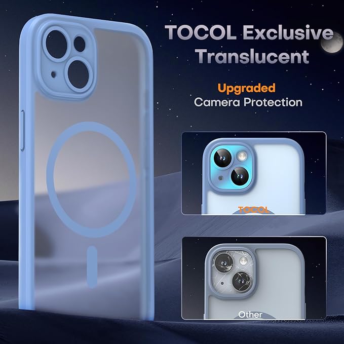 TOCOL Magnetic for iPhone 14 Case, Upgraded Full Camera Protection, Compatible with Magsafe, Drop Protection, Translucent Matte Back Bumper Phone Cover 6.1-Inch (Light Blue)