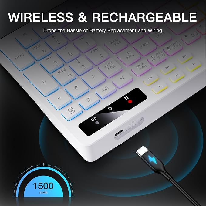 Soueto Wireless Keyboard with 7-Color RGB Backlit, Full-Size Computer Keyboard with Phone Tablet Holder, 2.4G Rechargeable Gaming Keyboard with Light Up Keys, Compatible with Mac, Windows (White)