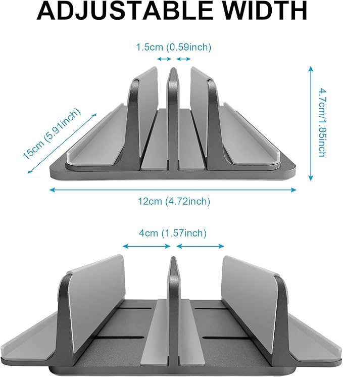 Vertical Laptop Stand Aluminum Heavy Duty, 4 Slots Double Adjustable MacBook Stands Laptop Holder Compatible w' All iPad Surface Dell Samsung HP Chromebook Upto 17.5' - Gray