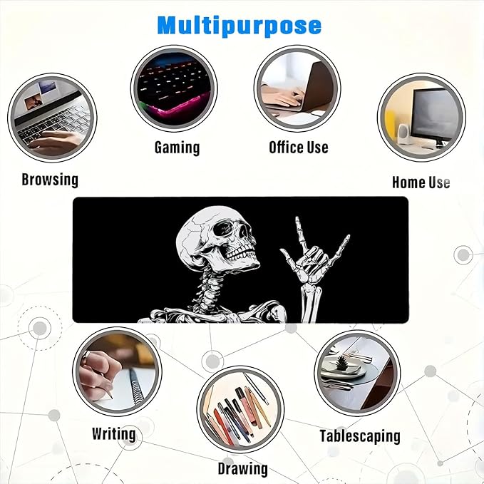 Skeleton Mouse Pad Large Rock Black White XL Mouse Pad Large Mousepad Extended Laptop Keyboard Mat Gaming Desk Pad Mouse Mat Compatible with Computer, Laptop, and Keyboard 31.5x11.8 Inch