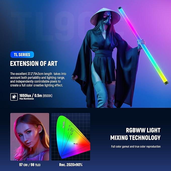 NEEWER RGB Tube Light, 30W LED Video Light RGBWW Full Color Stick Light Wand with 18 Scenes 7 Pixel Effects 2500-10000K CRI97/TLCI98 6000mAh, APP/2.4G/DMX Control for Photography Video Record, TL90C