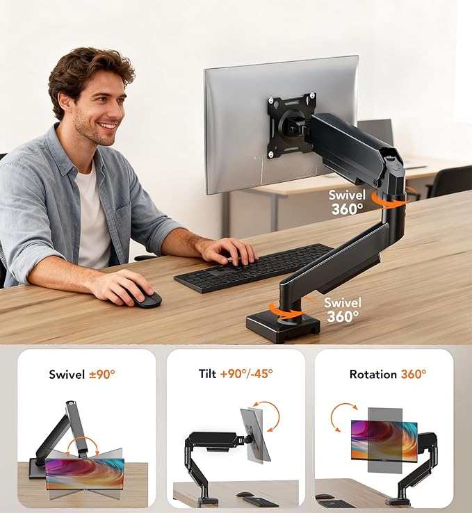 Hemudu Single Monitor Mount, Gas Spring Arm for 17-32 inch Screens Adjustable Monitor Stand, Vesa Mount Stand with Clamp and Grommet Aluminum Base - Fits 4.4 to 22lbs LCD Computer Monitors HD09B-001