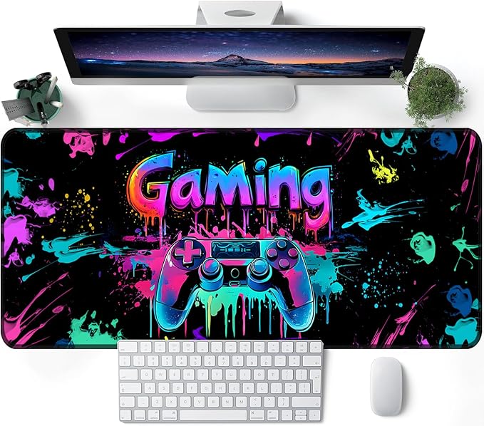 Gaming Mouse Pad, X-Large Waterproof Blacklight Colorful Splatter Art Game Controller Non-Slip Rubber Base Mousemat, Glow in The Dark Desk Mat for Office Home - 31.5 x 11.8 inches