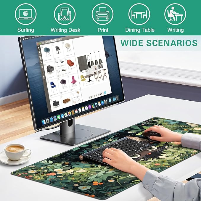 Anime Cat Mouse Pad, Green Desk Mat, Kawaii XXL Large Gaming Mouse Pad Keyboard with Stitched Edges Non-Slip, 35.4×15.7in Mousepad Mat for Desktop Computer Laptop Office Women Decor Funny