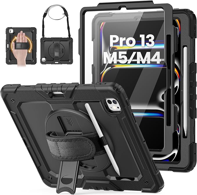 HXCASEAC for iPad Pro 13 Inch Case (M5/M4) 2025/2024,Shockproof Design with Pencil Holder, Protector, Rotating Stand, Hand Strap, Heavy Duty Protective iPad Pro13 Cover A3360 A3361 A2925 A2926,Black
