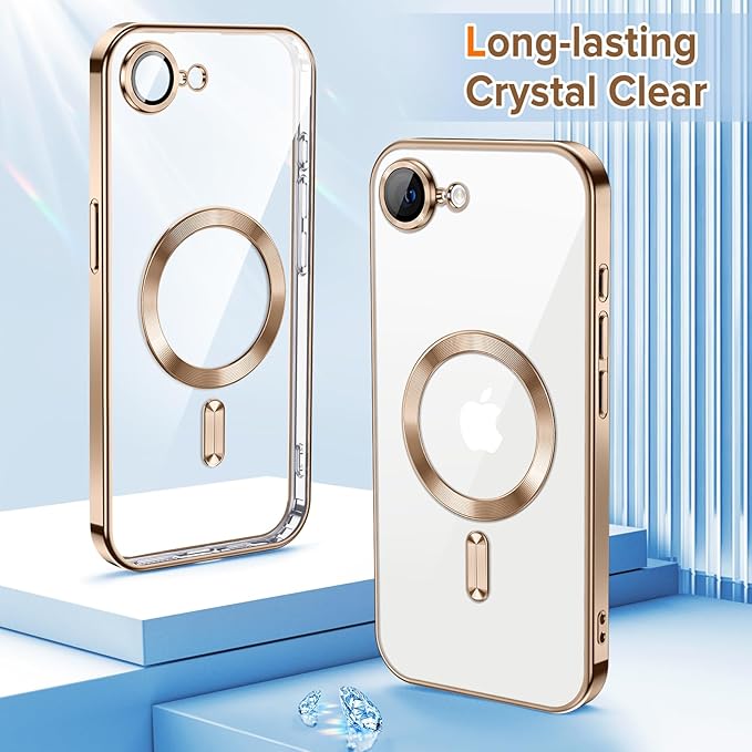 Hython Magnetic Clear for iPhone 17e Case with Camera Lens Protector [Compatible with MagSafe] Luxury Plating Edge Slim Soft TPU Cover Protective Phone Case for iPhone 17e 6.1", Desert Brown