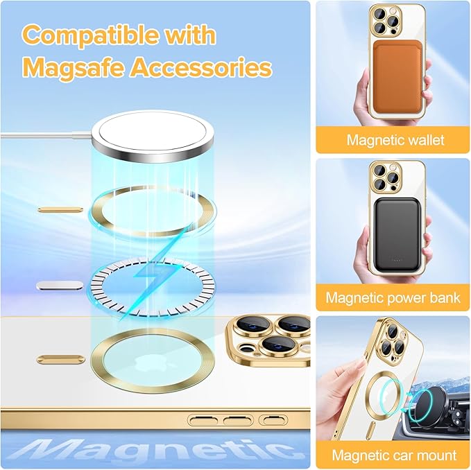 Hython Magnetic Clear for iPhone 15 Pro Max Case with Camera Lens Protector [Compatible with MagSafe] Plating Edge Slim Soft TPU Cover Protective Phone Case for iPhone 15 Pro Max 6.7", Gold