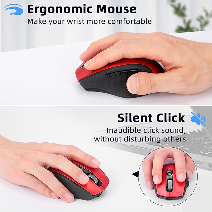Wireless Bluetooth Mouse with USB-A, USB-C Receiver, Rechargeable, 3-Device, Full-Size, Silent Click, Ergonomic Mice for MacBook/Laptop/Computer/Tablet/PC/iPad-Red