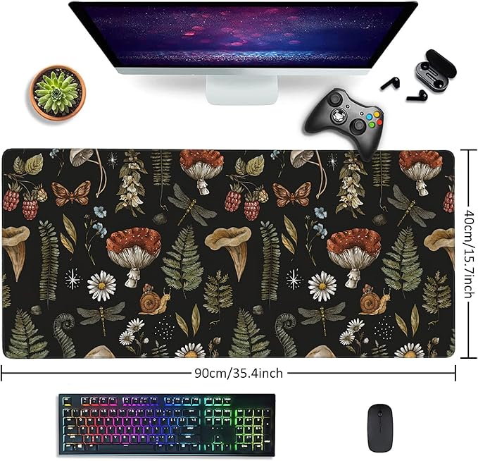 Vintage Mushroom Large Mouse Pad Extended Gaming Mouse Pad Waterproof Desk Mat with Stitched Edge,Non Slip Base Keyboard Mouse pad for Home Office 35.4" X 15.7"