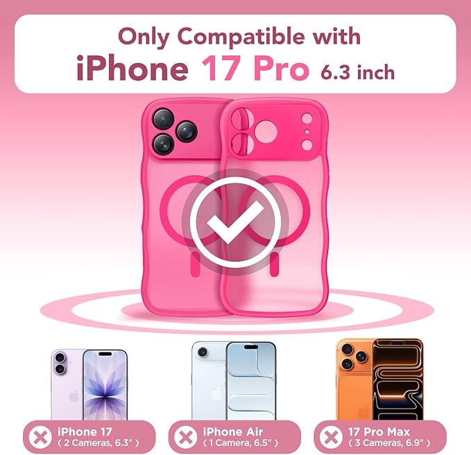CAPRARO Magnetic for iPhone 17 Pro Case for Women Girls, Upgraded [Full Camera Protection] [Compatible with MagSafe] Cute Wave Translucent Matte Phone Case for iPhone 17 Pro, Hot Pink