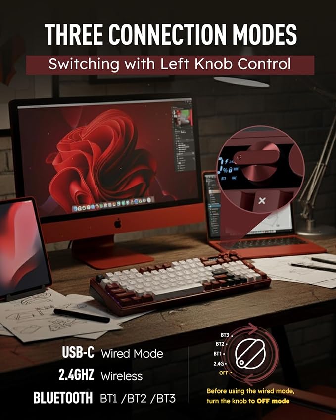 RK ROYAL KLUDGE M100 Wireless Mechanical Keyboard w/Screen & Dual Knobs, Tri-Mode Gasket Mount Gaming Keyboard with Number Pad, Hot Swappable Cream Switch, Red