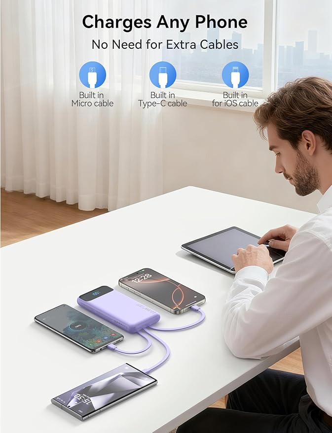 Portable Charger, 10000mAh 22.5W Fast Charging Power Bank with 4 Built-in Cables, Travel Essentials Battery Pack with LED Display, 6 Outputs Charging Bank Compatible with iPhone, iPad, Samsung Purple