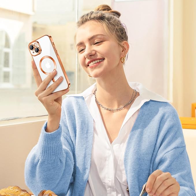 Hython Magnetic Clear for iPhone 15 Case with Camera Lens Protector [Compatible with MagSafe] Luxury Plating Edge Slim Soft TPU Cover Protective Phone Case for iPhone 15 6.1", Orange