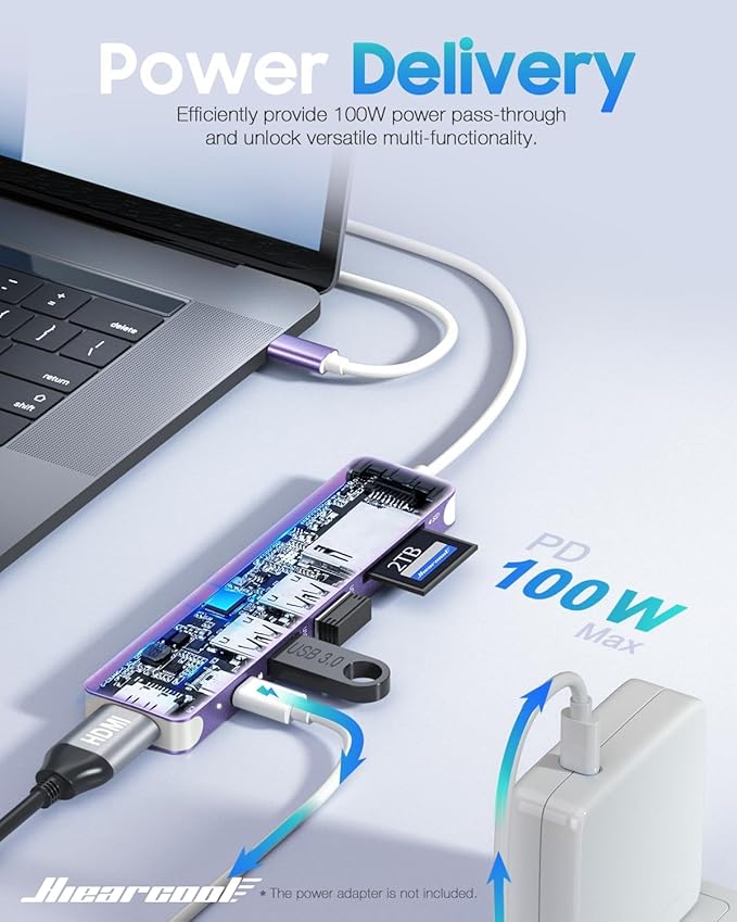 Hiearcool USB C Hub, 7-in-1 Multi-Port Adapter, USB-C to 4K HDMI Splitter Type C Dock Dongle with 100W Power Delivery SD/TF Card Reader Compatible for MacBook Pro/Air and More Type USBC Devices