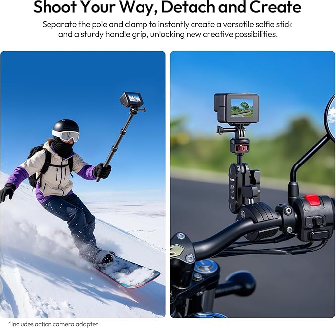 ULANZI Quick-Release Invisible Selfie Stick Motorcycle Bike Mount Kit for Insta360 X5 X4 X3/DJI Osmo 360, VL03 40in Adjustable Extension Pole Clamp Mount for GoPro DJI Insta360 Action Camera