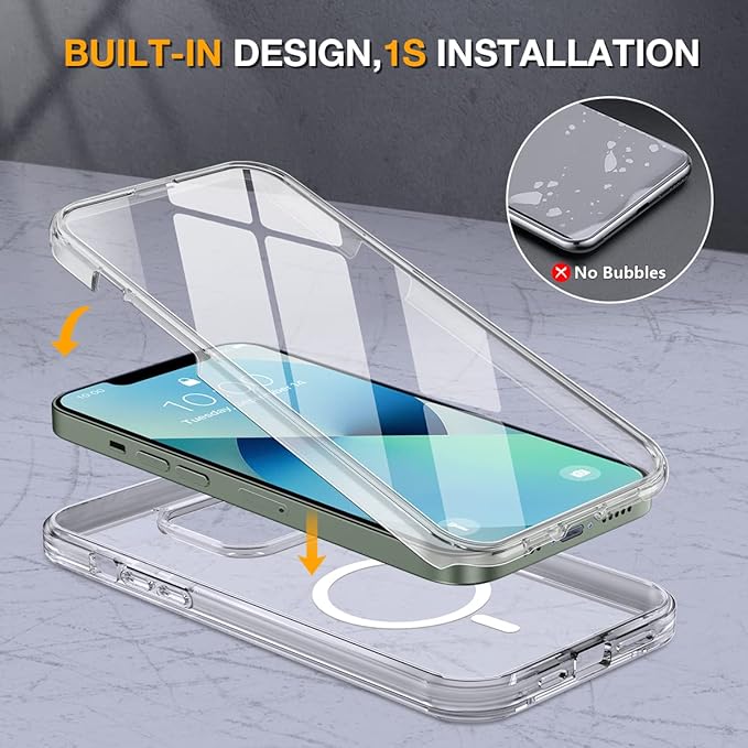 Miracase for iPhone 13 Case 6.1'',Full-Body Magnetic Clear Bumper Case with Built-in 9H Tempered Glass Screen Protector,Military Drop Protection Outdoor Phone Case,Clear