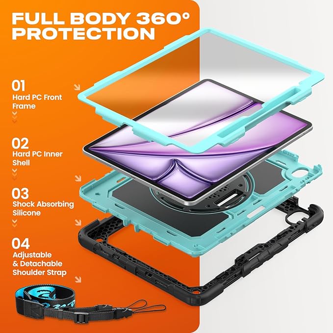 SEYMAC stock Case for iPad Air 13-inch M4-M2 2026-2024 (Gen 8-6), Shockproof Heavy Duty Case with Screen Protector, Pencil Holder, Rotating Stand, Hand Strap, Shoulder Strap, SkyBlue