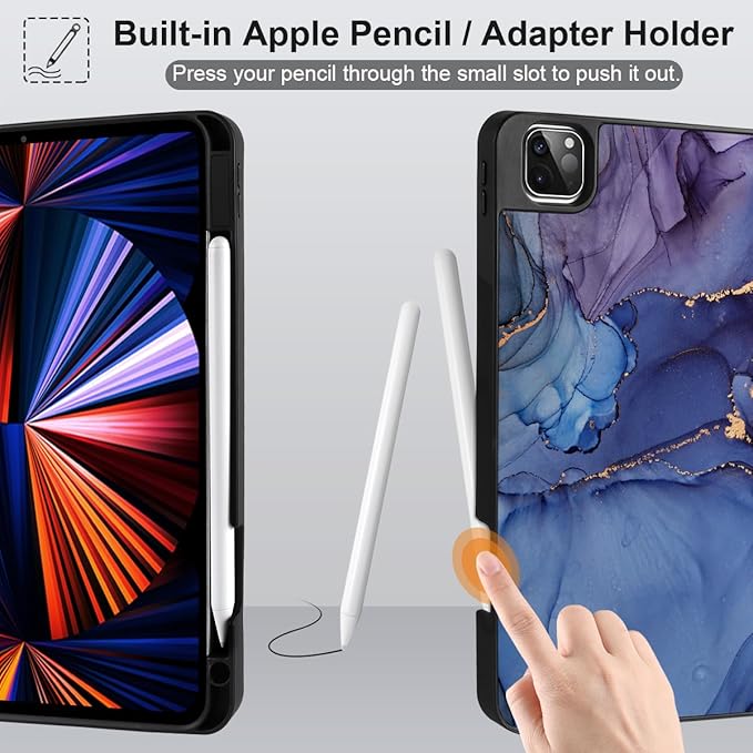 DONGKE Case for 2022/2021/2020/2018 iPad Pro 11 inch Gen 4/3/2/1 - Slim Protective Case - Built in Pencil Holder Support Charging - Trifold Stand & Sleep/Wake Cover - Abstract Marble