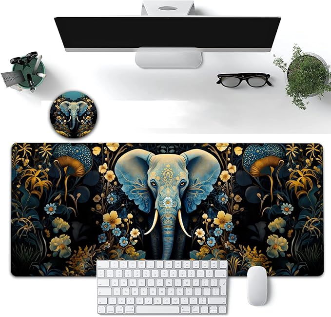Large Mouse Pad, 31.5 x 11.8in Extended Gaming Mouse Pad with Stitched Edges, XXL Mousepad Protector Non Slip Rubber Base for Office Home Writing Mat,Flowers Ornate Elephant Pattern Black Desk Mat