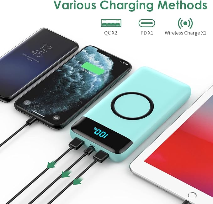 Wireless Portable Charger 30,800mAh,15W Wireless Charging USB C Power Bank,25W PD QC 4.0 Fast Charging 4 Outputs Travel Essentials Battery Pack Compatible with iPhone 17/16/15/14,Galaxy,Android-Green