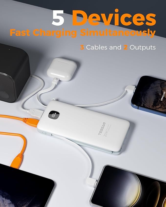 Portable Charger with Built in Cables,TESSAN 10000mAh Power Bank Fast Charging with Foldable Wall Plug Charger, PD20W Compact Battery Pack Travel Essentials for iPhone 17/16/15 Series,Samsung,Tablets