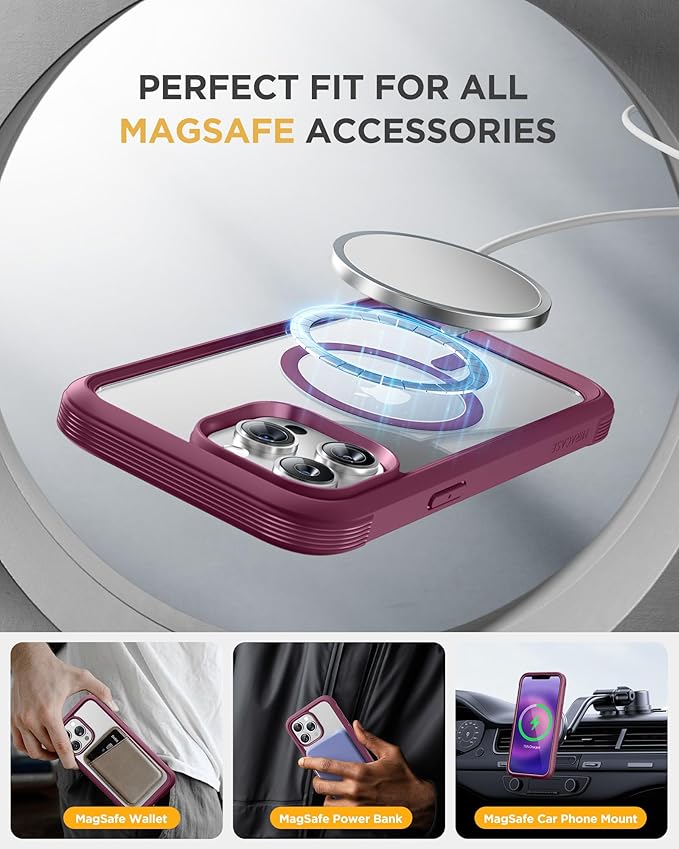 Miracase Magnetic for iPhone 13 Pro Max Case 6.7 inch, (Compatible with MagSafe) Upgrade Full-Body Clear Phone Bumper Case with Built-in 9H Tempered Glass Screen Protector, Magnetic Wine Red