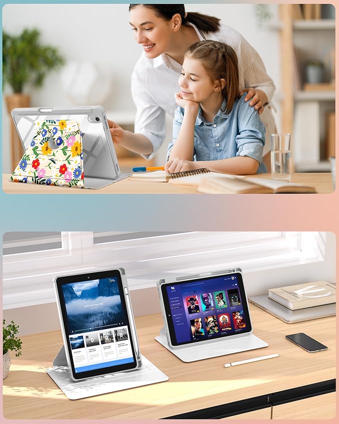 Uppuppy for iPad A16 Case for iPad 10th Generation Case 10.9 inch - 360 Degree Rotating Stand Folio Smart Cover with Pencil Holder for Women Girls, Cat & Flowers for Apple Tablet 10th 2022/11th 2025