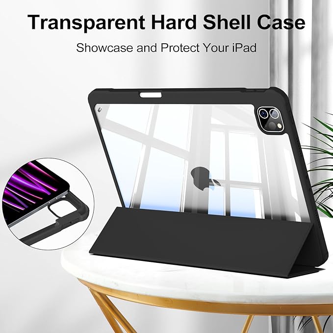 JKSML Case for iPad Pro 11, Case with Pencil Holder for iPad Pro 11 Inch 4th/3rd/2nd Generation 2022/2021/2020, Transparent Protective Cover for iPad Pro 11, Supports Pencil 2 Charging, Black